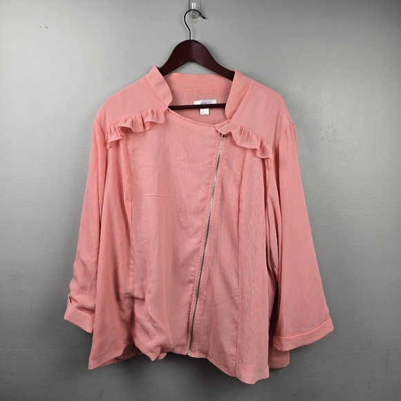 CJ BANKS Chic Ruffled Zip Cardigan Jacket Pink Womens Plus Sz 3X Dressy feminine - Picture 1 of 13